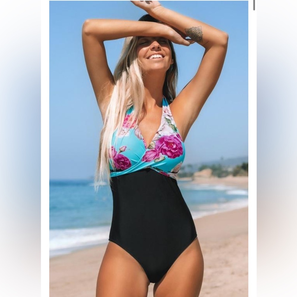 Cupshe Floral and Black Halter One Piece Women’s M Swimsuit Multi-Color